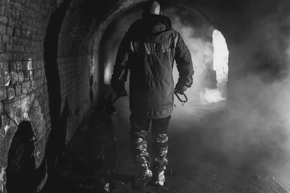 Rui Navarro handling a German Shepherd in a smoke-filled tunnel