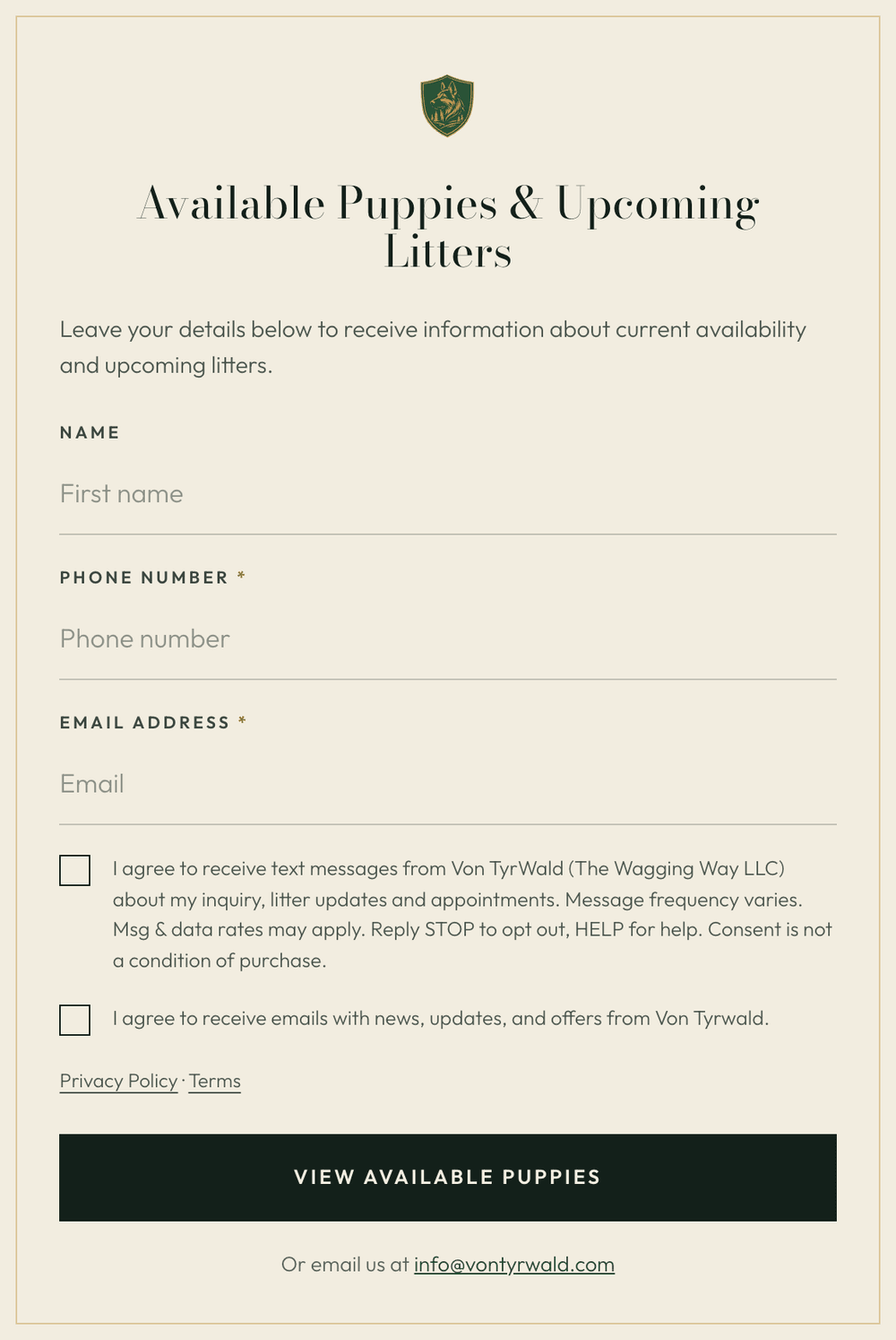 Screenshot of the Von TyrWald website form with name, phone and email fields and the unchecked SMS consent checkbox